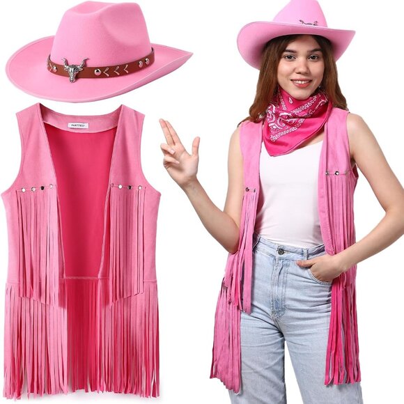 Other - Western Cowgirl Outfit Set Faux Suede Fringe Vest Cowboy Hat Bandana